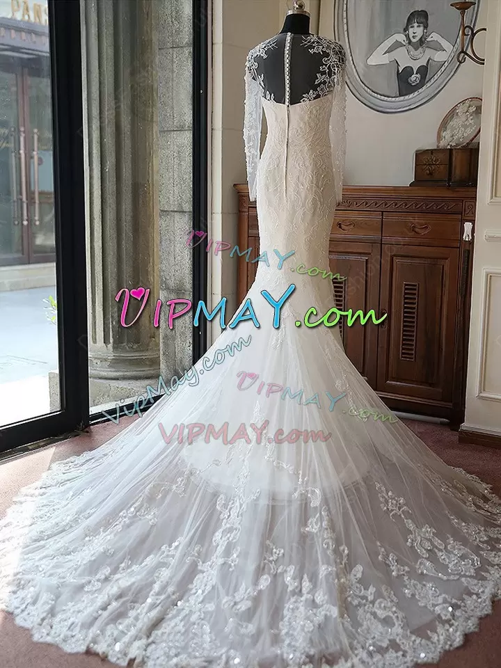 Comfortable White Zipper Scoop Appliques Wedding Dress Tulle Long Sleeves Court Train