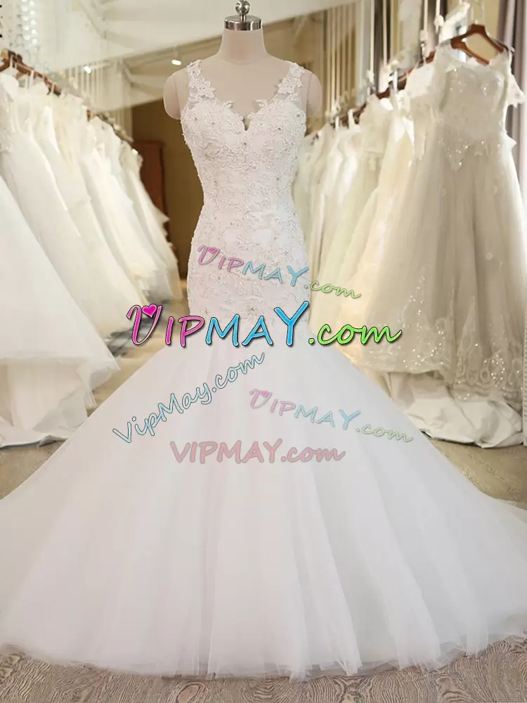 Colorful White Mermaid V-neck Sleeveless Tulle Chapel Train Clasp Handle Beading and Appliques Red Carpet Prom Dress