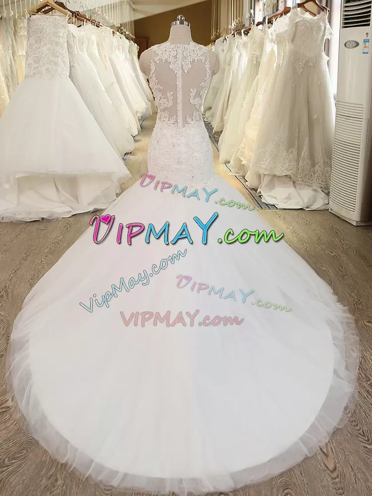 Colorful White Mermaid V-neck Sleeveless Tulle Chapel Train Clasp Handle Beading and Appliques Red Carpet Prom Dress