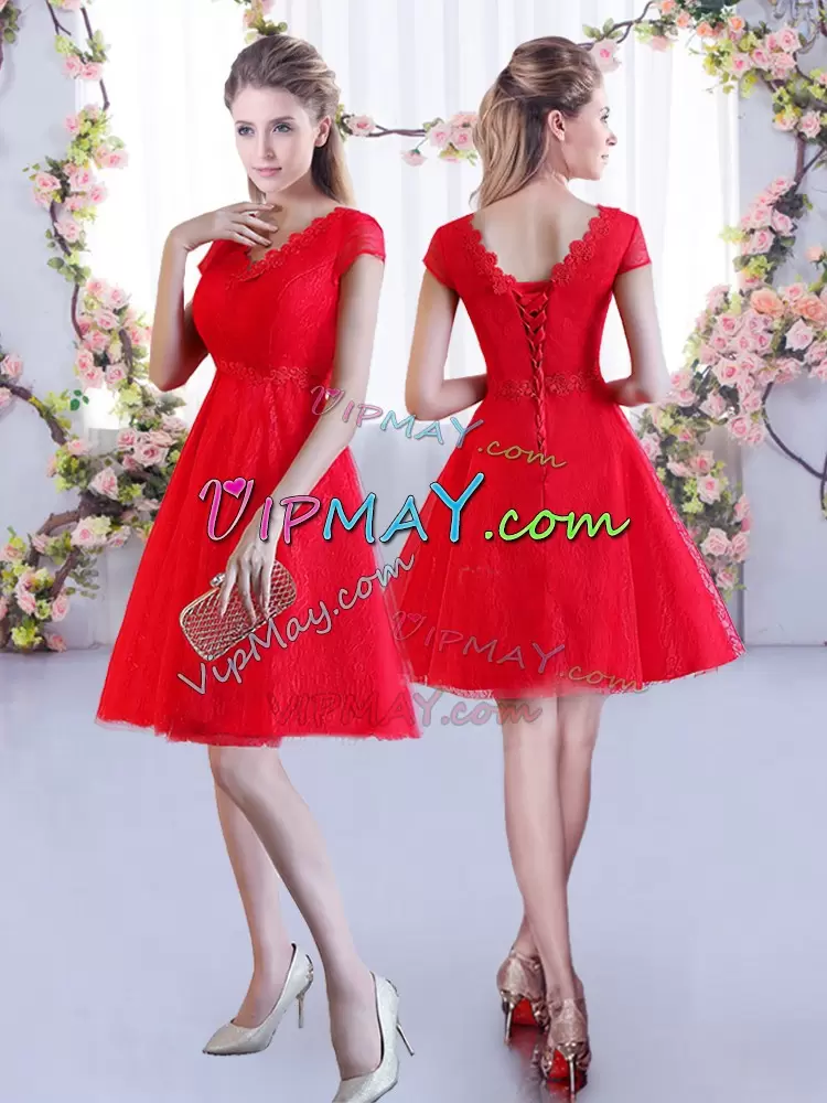 Free and Easy V-neck Cap Sleeves Lace Up Bridesmaid Gown Red Lace Lace