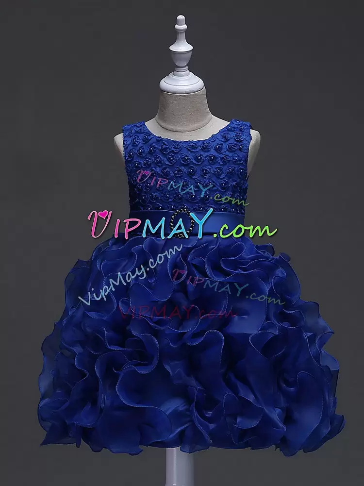 Cute Sleeveless Organza Knee Length Lace Up Pageant Dress in Royal Blue with Ruffles and Belt