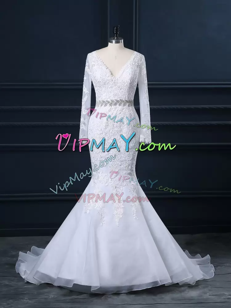 Wonderful White Mermaid Beading and Lace Wedding Gowns Backless Organza Long Sleeves