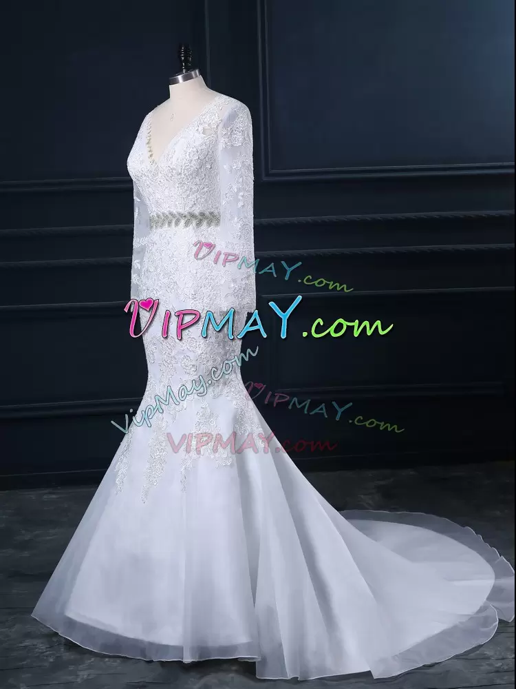 Wonderful White Mermaid Beading and Lace Wedding Gowns Backless Organza Long Sleeves