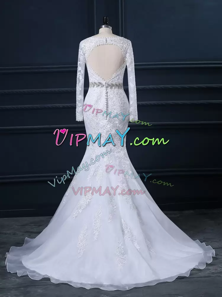 Wonderful White Mermaid Beading and Lace Wedding Gowns Backless Organza Long Sleeves