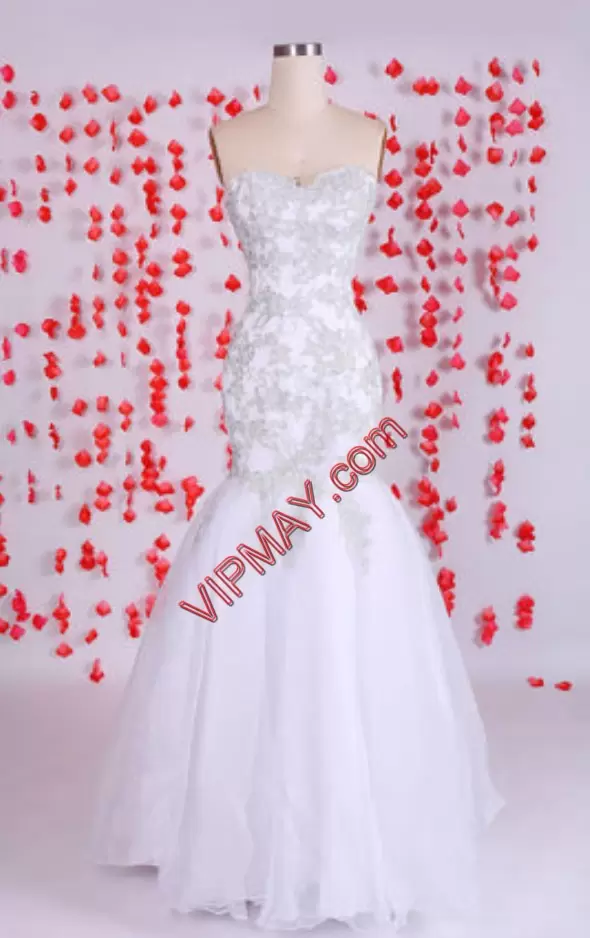 Admirable White Mermaid Organza Sweetheart Sleeveless Appliques Floor Length Zipper Bridal Gown