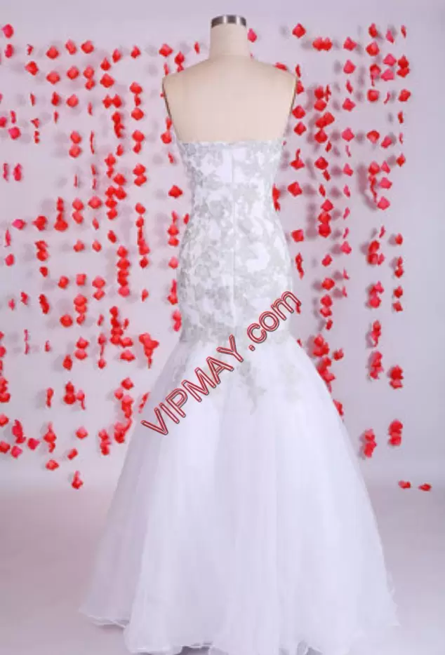 Admirable White Mermaid Organza Sweetheart Sleeveless Appliques Floor Length Zipper Bridal Gown