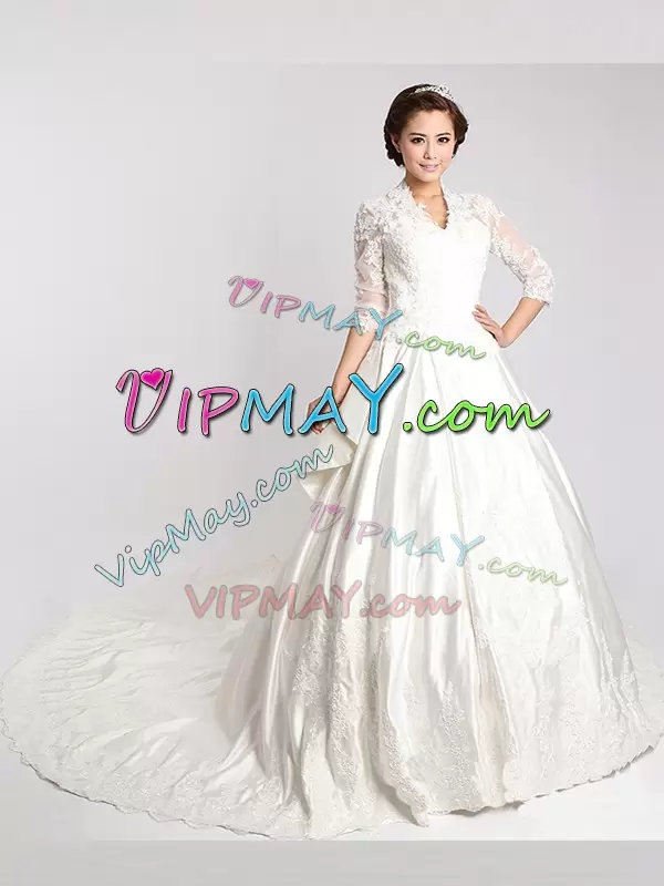 On Sale With Train White Wedding Dress Chiffon Cathedral Train 3 4 Length Sleeve Lace