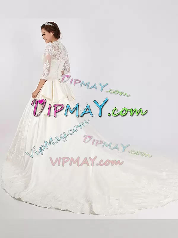 On Sale With Train White Wedding Dress Chiffon Cathedral Train 3 4 Length Sleeve Lace