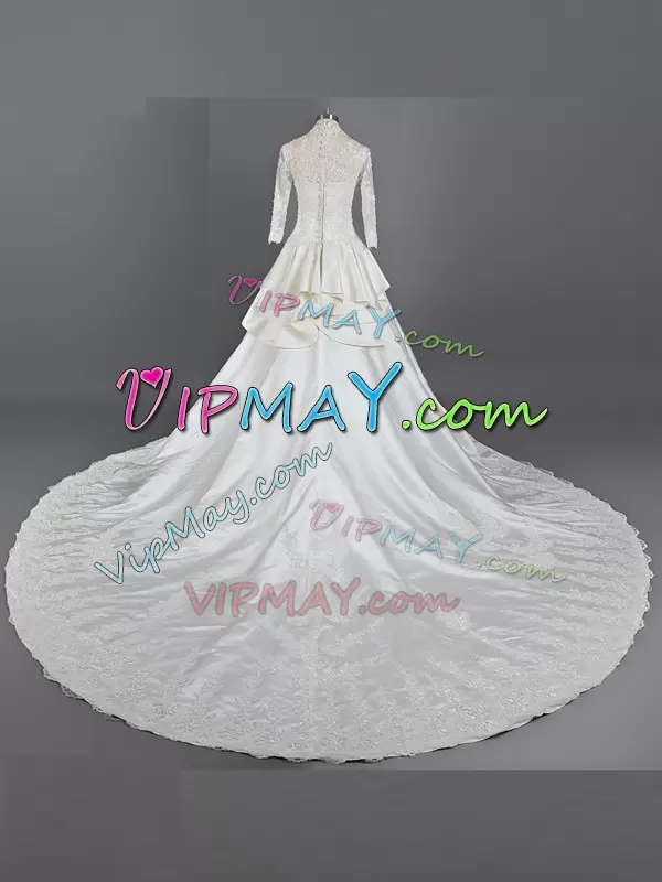 On Sale With Train White Wedding Dress Chiffon Cathedral Train 3 4 Length Sleeve Lace