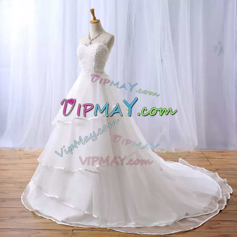 White A-line Lace Wedding Gowns Lace Up Tulle Sleeveless