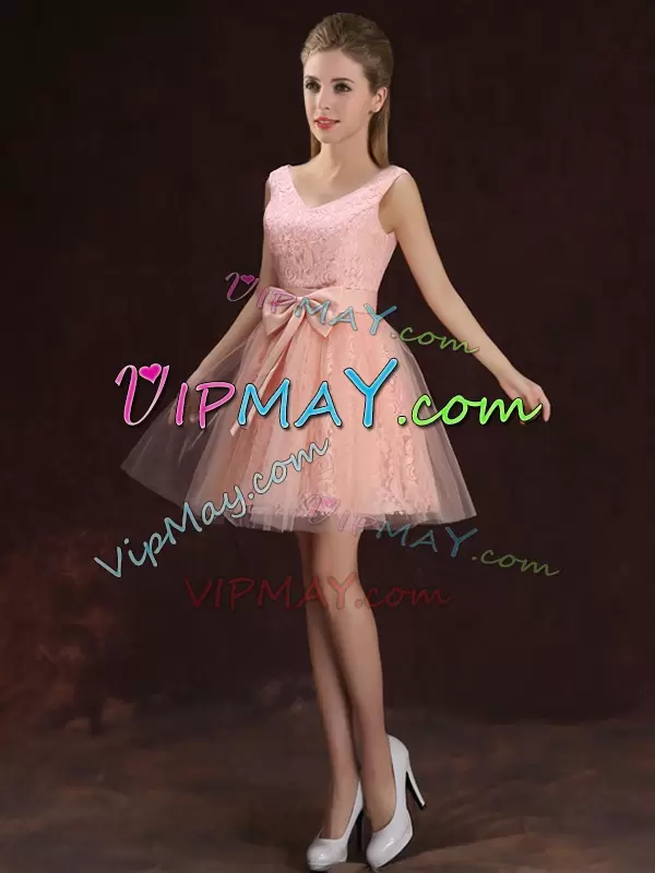 Cheap Peach Pink Color V Neck Tulle and Lace Quinceanera Damas Dress with Bow Front