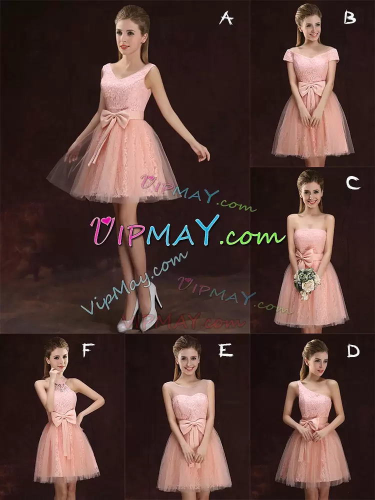 Cheap Peach Pink Color V Neck Tulle and Lace Quinceanera Damas Dress with Bow Front