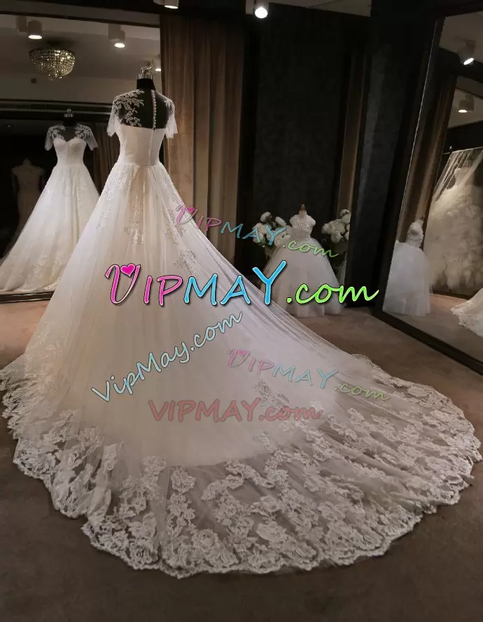 Flirting Scoop Sleeveless Wedding Gowns With Train Chapel Train Appliques White Tulle