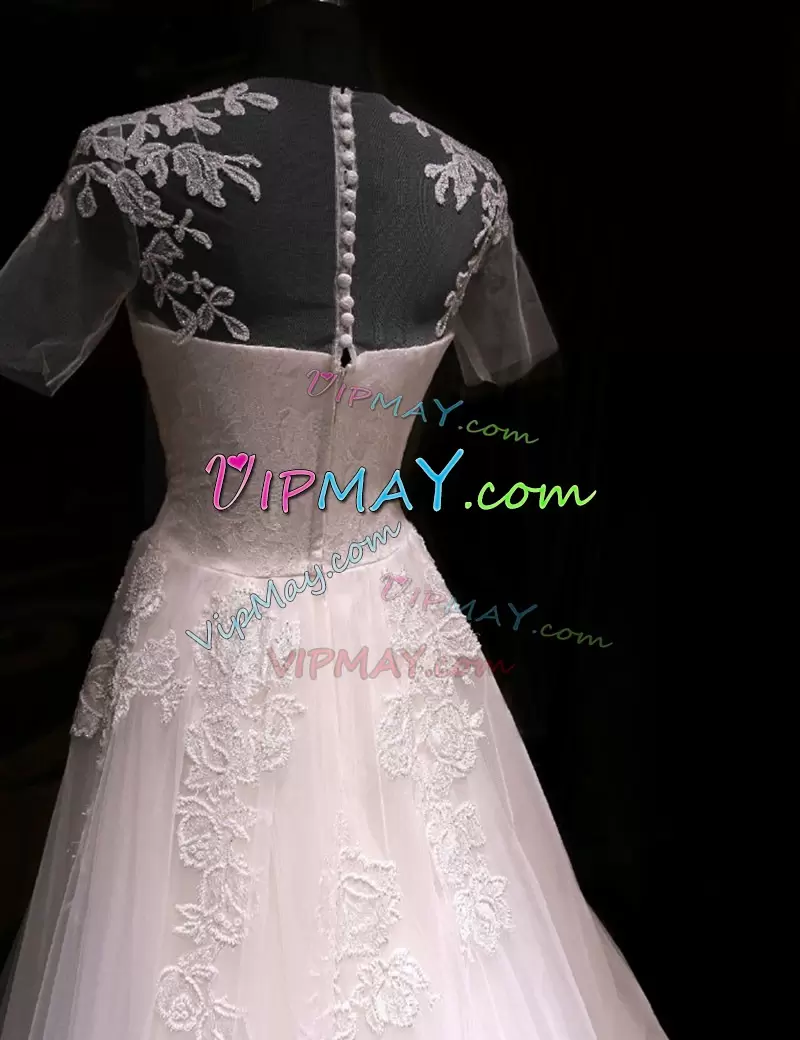 Flirting Scoop Sleeveless Wedding Gowns With Train Chapel Train Appliques White Tulle