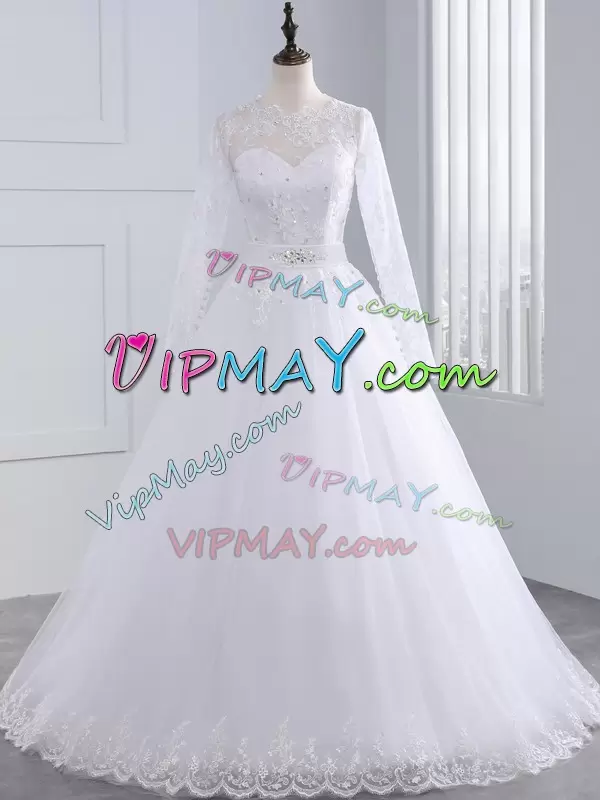 White Long Sleeves Brush Train Lace and Appliques Bridal Gown