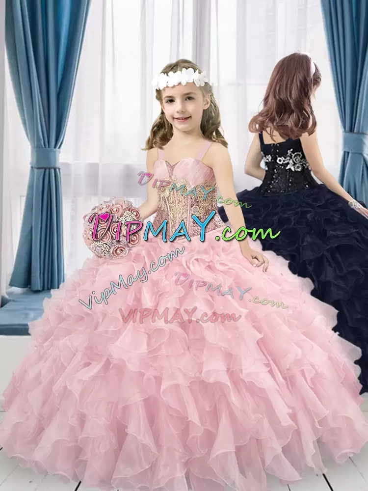 Pink Lace Up Straps Beading and Lace Pageant Dress Toddler Tulle Sleeveless Sweep Train