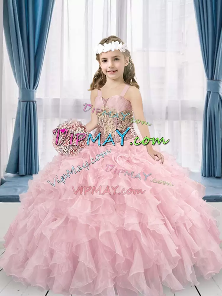 Pink Lace Up Straps Beading and Lace Pageant Dress Toddler Tulle Sleeveless Sweep Train