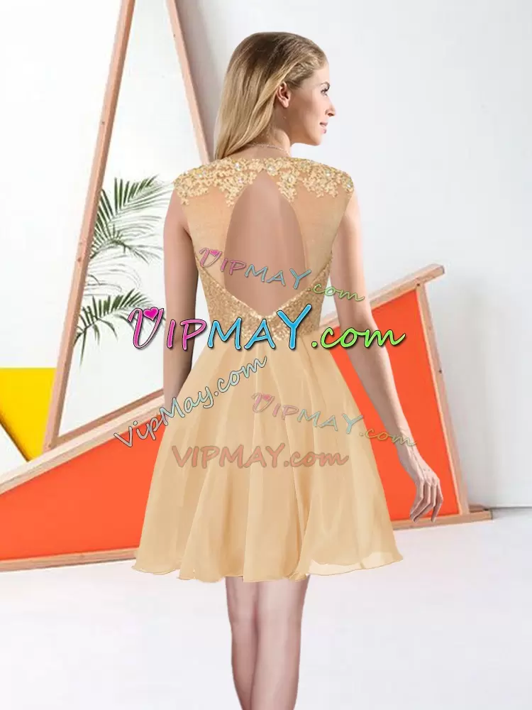 Beading and Lace Wedding Party Dress Champagne Backless Sleeveless Knee Length