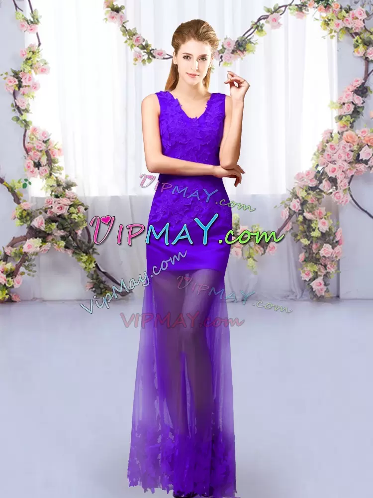 Graceful Purple Lace Up Bridesmaid Gown Lace Sleeveless Floor Length