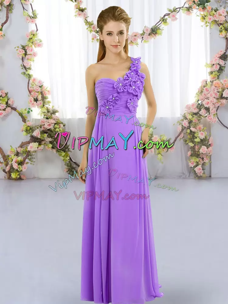 Sleeveless Floor Length Lace Up Bridesmaid Gown in Lavender with Hand Made Flower