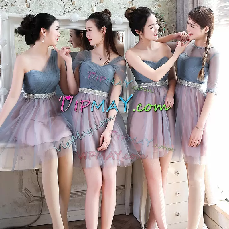 Grey A-line Sweetheart Sleeveless Satin and Organza and Tulle Knee Length Lace Up Beading and Lace Dama Dress for Quinceanera