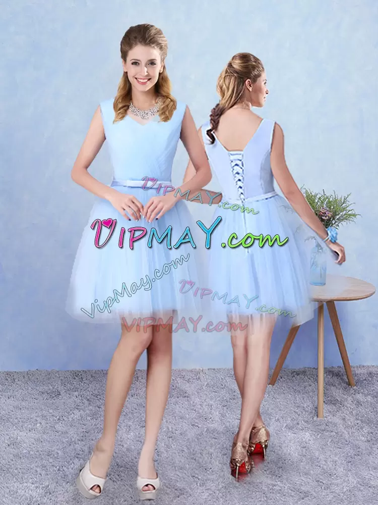 High Quality Knee Length Lace Up Bridesmaid Dress Aqua Blue for Prom and Party with Ruching