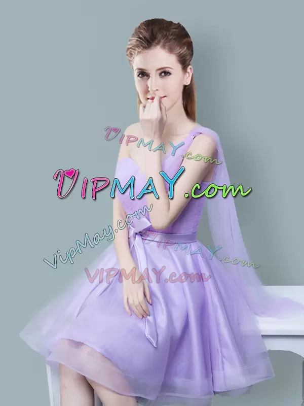 Lavender One Shoulder Neckline Ruching and Bowknot Wedding Guest Dresses Sleeveless Zipper