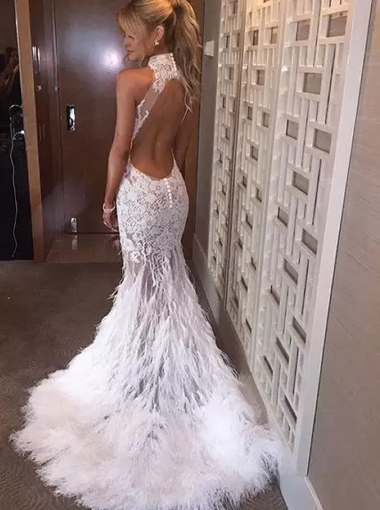 Enchanting White Mermaid Lace High-neck Sleeveless Lace Backless Wedding Dress Brush Train