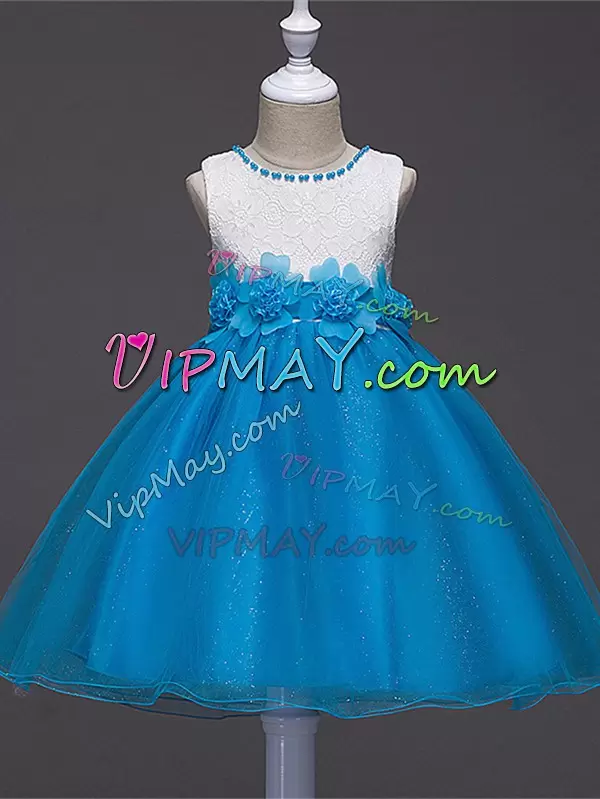 Scoop Sleeveless Zipper Flower Girl Dresses for Less Baby Blue Tulle Lace and Hand Made Flower