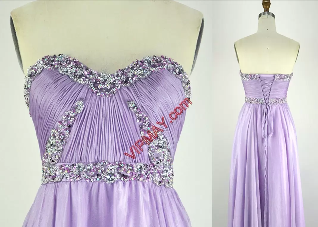 Custom Fit Sleeveless Sweetheart Lace Up Floor Length Beading and Ruching Wedding Guest Dresses Sweetheart