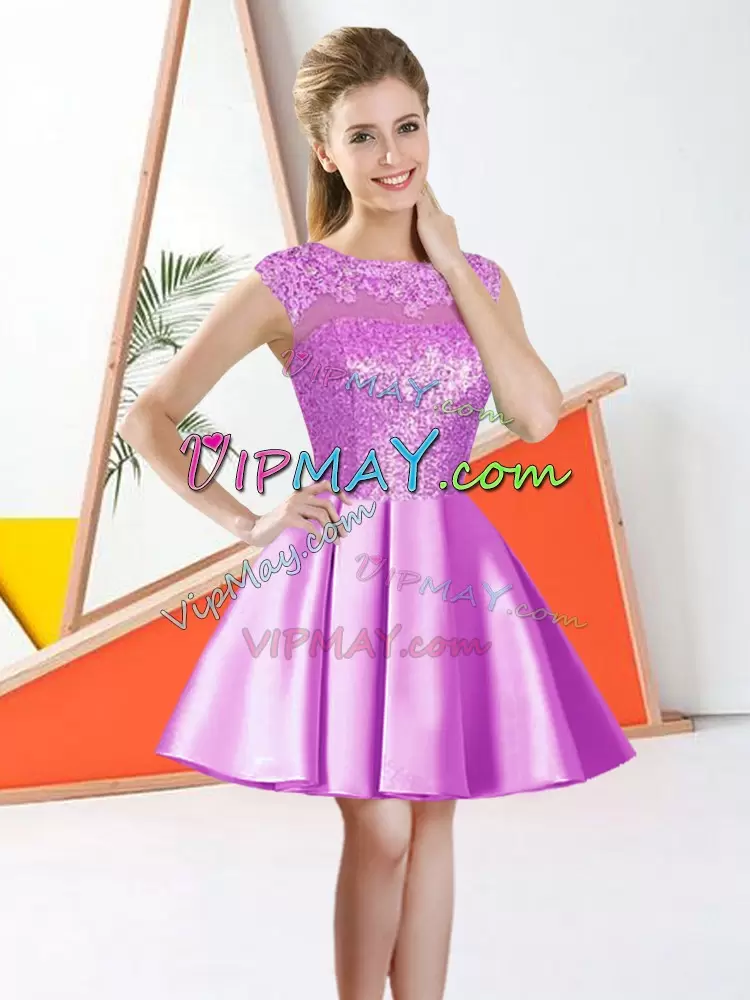 High End Knee Length Lilac Bridesmaid Dresses Taffeta Sleeveless Beading and Lace