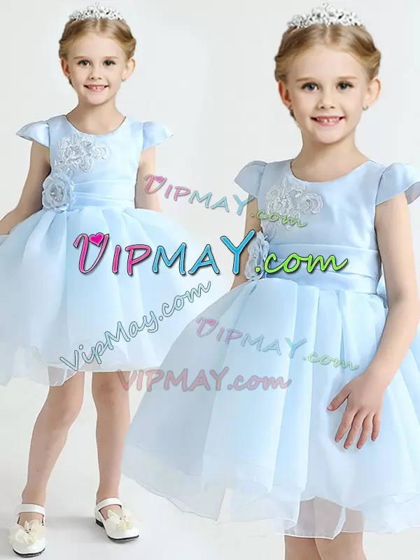 Organza Scoop Cap Sleeves Zipper Appliques and Bowknot and Hand Made Flower Toddler Flower Girl Dress in Light Blue