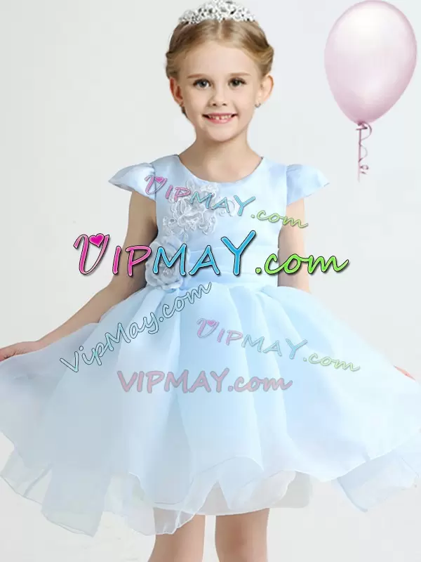 Organza Scoop Cap Sleeves Zipper Appliques and Bowknot and Hand Made Flower Toddler Flower Girl Dress in Light Blue