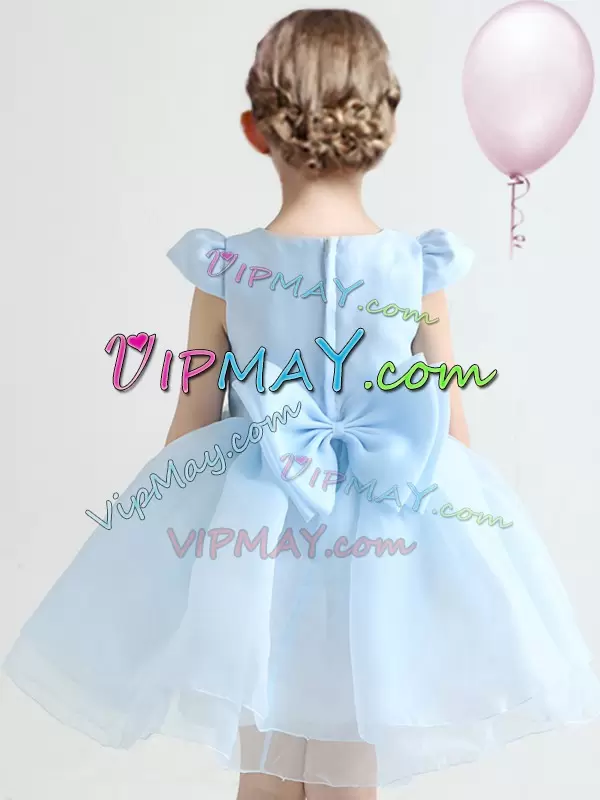 Organza Scoop Cap Sleeves Zipper Appliques and Bowknot and Hand Made Flower Toddler Flower Girl Dress in Light Blue