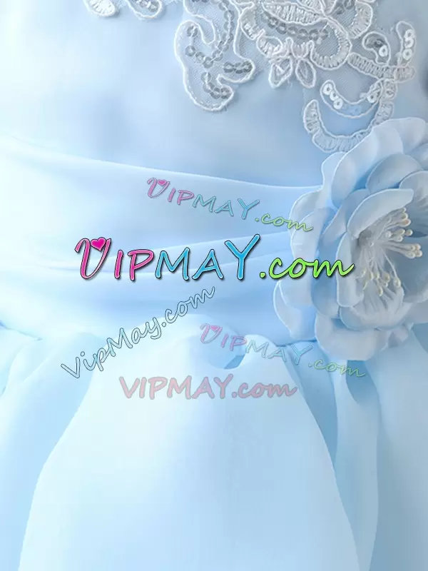 Organza Scoop Cap Sleeves Zipper Appliques and Bowknot and Hand Made Flower Toddler Flower Girl Dress in Light Blue