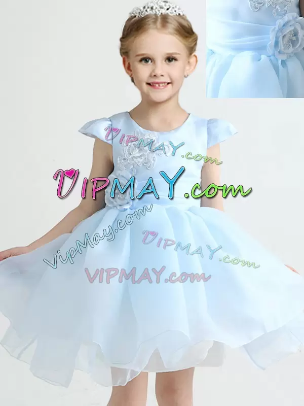 Organza Scoop Cap Sleeves Zipper Appliques and Bowknot and Hand Made Flower Toddler Flower Girl Dress in Light Blue