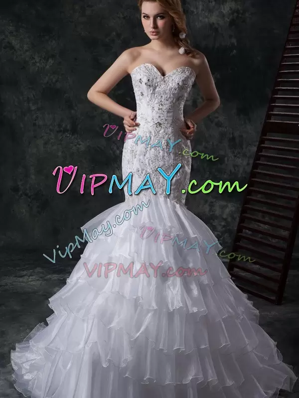 Attractive Lace Up Wedding Gown White for Wedding Party with Beading and Appliques and Ruffles Brush Train