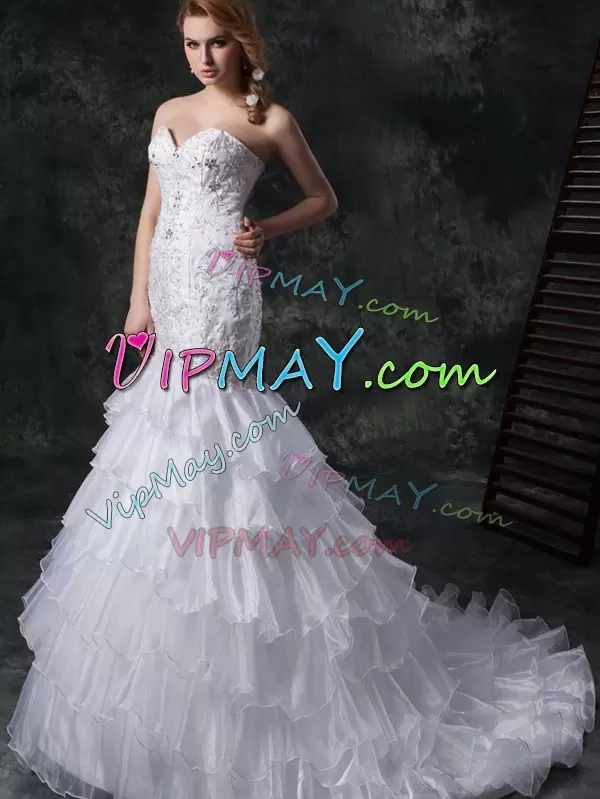 Attractive Lace Up Wedding Gown White for Wedding Party with Beading and Appliques and Ruffles Brush Train