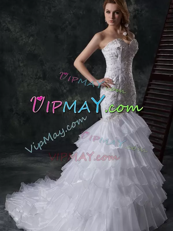 Attractive Lace Up Wedding Gown White for Wedding Party with Beading and Appliques and Ruffles Brush Train