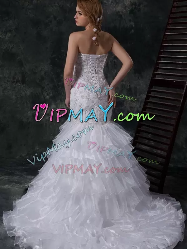 Attractive Lace Up Wedding Gown White for Wedding Party with Beading and Appliques and Ruffles Brush Train