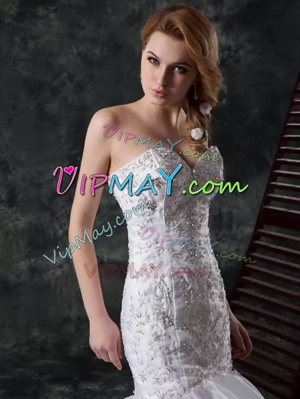 Attractive Lace Up Wedding Gown White for Wedding Party with Beading and Appliques and Ruffles Brush Train