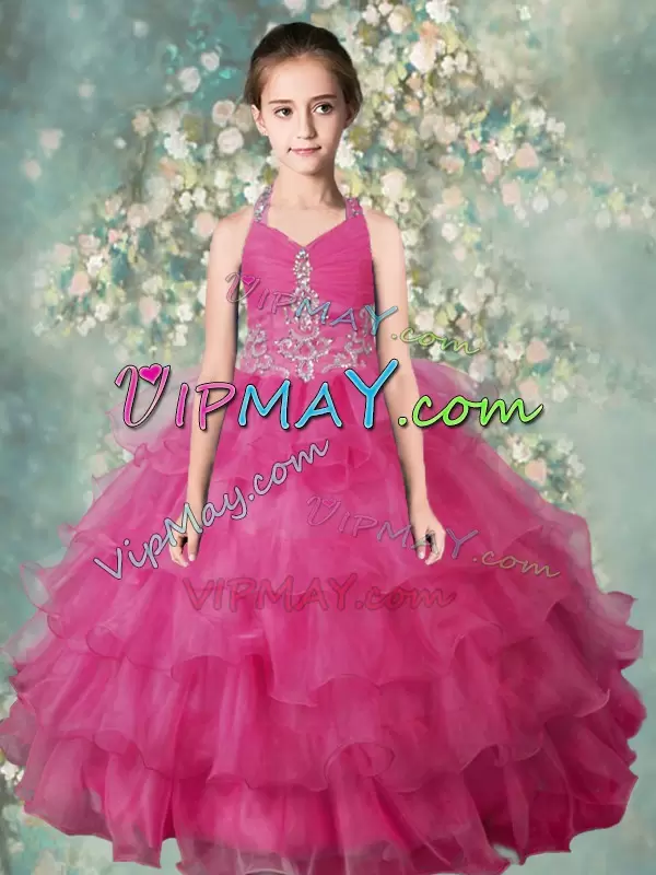Organza Halter Top Sleeveless Zipper Beading and Ruffled Layers Girls Pageant Dresses in Rose Pink