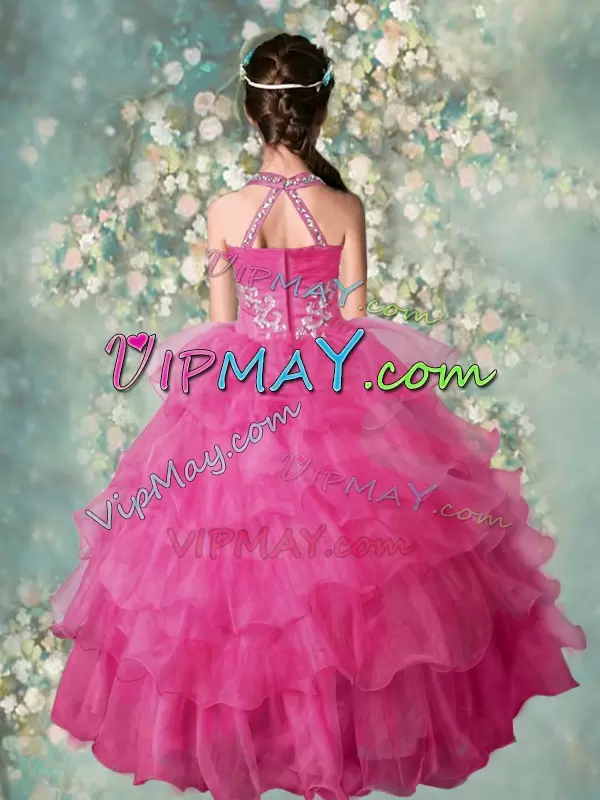 Organza Halter Top Sleeveless Zipper Beading and Ruffled Layers Girls Pageant Dresses in Rose Pink