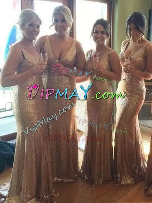 Gold Sleeveless Sweep Train Sequins Bridesmaids Dress