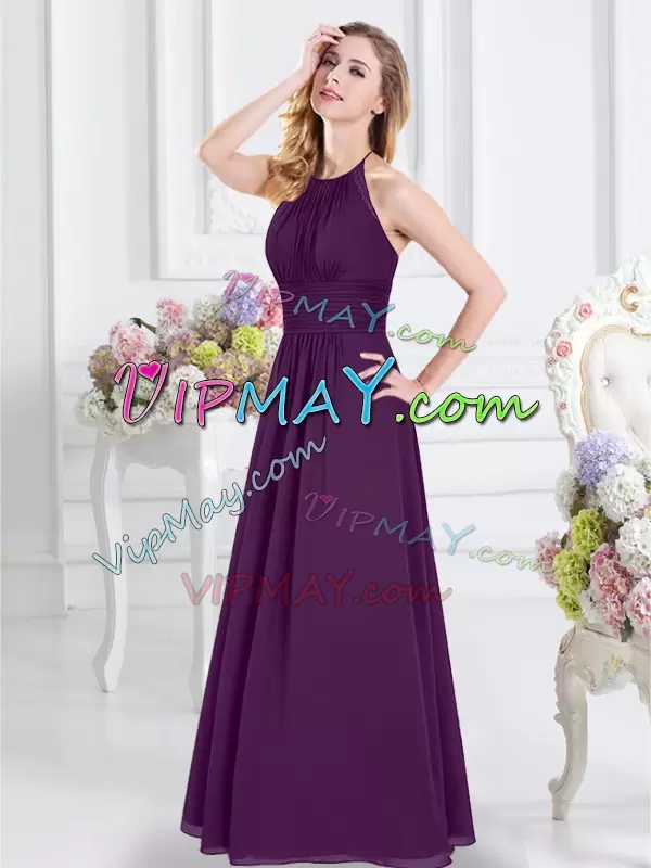Romantic Halter Top Sleeveless Wedding Party Dress Floor Length Ruching Purple Chiffon