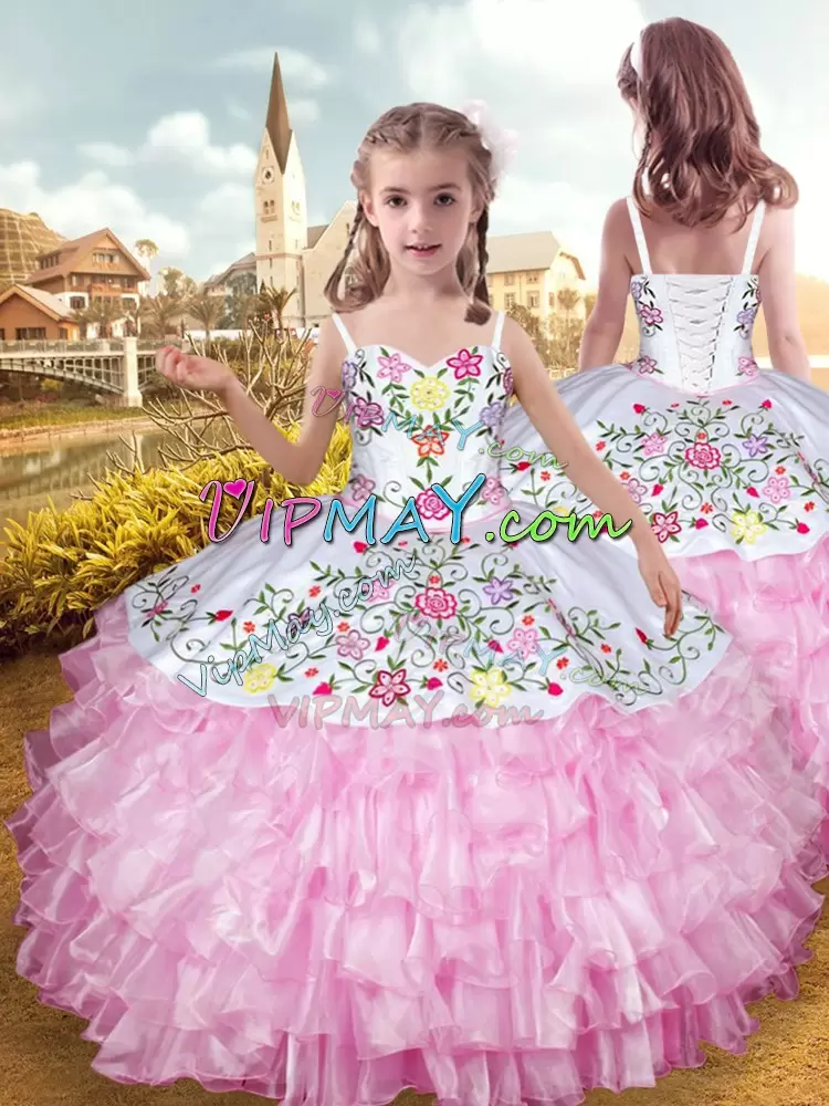 High Class Sleeveless Straps Lace Up Floor Length Embroidery and Ruffled Layers Girls Pageant Dresses Straps