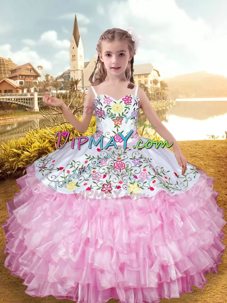 High Class Sleeveless Straps Lace Up Floor Length Embroidery and Ruffled Layers Girls Pageant Dresses Straps