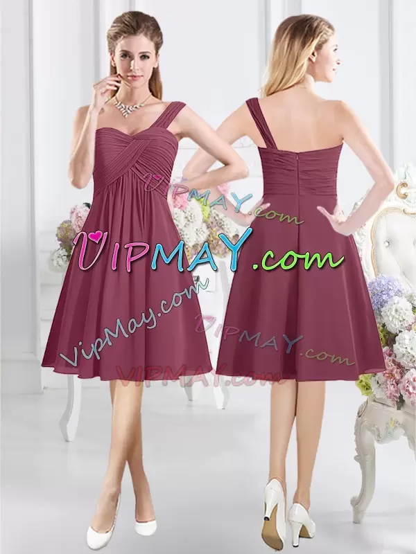 Custom Designed Burgundy Sleeveless Knee Length Ruching Zipper Bridesmaids Dress One Shoulder