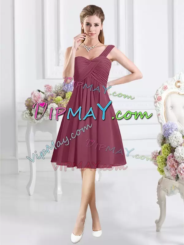 Custom Designed Burgundy Sleeveless Knee Length Ruching Zipper Bridesmaids Dress One Shoulder