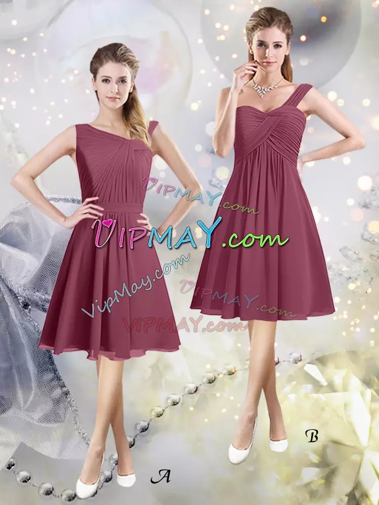 Custom Designed Burgundy Sleeveless Knee Length Ruching Zipper Bridesmaids Dress One Shoulder